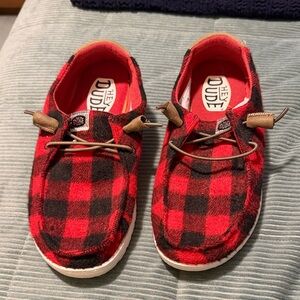 Hey Dude Women’s Red and Black Buffalo Plaid Slip-On Sneakers
